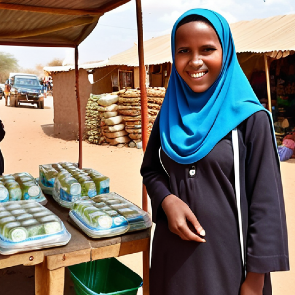 **A Somaliland woman entrepreneur proudly displaying her thriving small business in a bustling marketplace. In the background, children are seen attending school, symbolizing the positive ripple effect of microloans and female empowerment.**