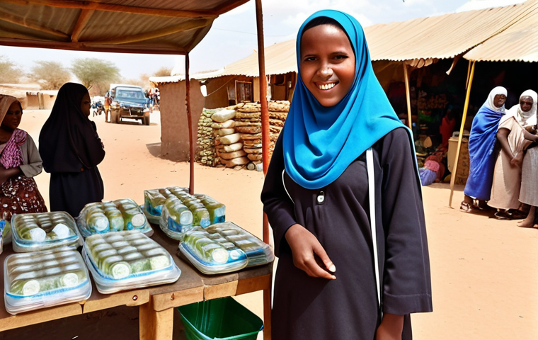 **A Somaliland woman entrepreneur proudly displaying her thriving small business in a bustling marketplace. In the background, children are seen attending school, symbolizing the positive ripple effect of microloans and female empowerment.**