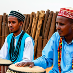 A male Somaliland musician, fully clothed in vibrant, modest traditional attire, expertly playing a Kaban. His hands are well-formed and in a natural pose on the instrument. Beside him, another Somaliland musician, also fully clothed in appropriate cultural dress, plays a Dabci cup drum with rhythmic precision. They are performing on a stage within a warm, inviting cultural community hall, adorned with subtle traditional patterns. The atmosphere is authentic, soulful, and full of cultural pride. safe for work, appropriate content, fully clothed, modest, perfect anatomy, correct proportions, natural body proportions, professional photography, high quality.