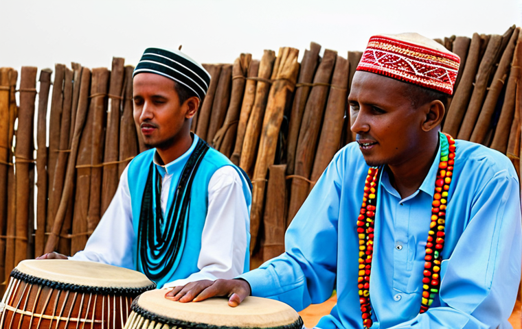 A male Somaliland musician, fully clothed in vibrant, modest traditional attire, expertly playing a Kaban. His hands are well-formed and in a natural pose on the instrument. Beside him, another Somaliland musician, also fully clothed in appropriate cultural dress, plays a Dabci cup drum with rhythmic precision. They are performing on a stage within a warm, inviting cultural community hall, adorned with subtle traditional patterns. The atmosphere is authentic, soulful, and full of cultural pride. safe for work, appropriate content, fully clothed, modest, perfect anatomy, correct proportions, natural body proportions, professional photography, high quality.