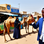 A professional Somali man in modest, contemporary business attire, holding a smartphone and confidently engaging in a mobile money transaction at a bustling outdoor market in Hargeisa. In the vibrant background, traditional market stalls are filled with diverse goods, with a glimpse of well-kept camels in a designated trading area, showcasing the famous camel market. The scene is brightly lit by natural daylight, emphasizing the blend of traditional culture and modern financial innovation. The subject is fully clothed, appropriate attire, safe for work, appropriate content, professional. Perfect anatomy, correct proportions, natural pose, well-formed hands, proper finger count, natural body proportions. High quality professional photography.
