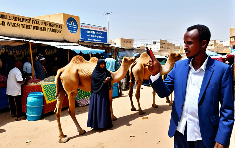 A professional Somali man in modest, contemporary business attire, holding a smartphone and confidently engaging in a mobile money transaction at a bustling outdoor market in Hargeisa. In the vibrant background, traditional market stalls are filled with diverse goods, with a glimpse of well-kept camels in a designated trading area, showcasing the famous camel market. The scene is brightly lit by natural daylight, emphasizing the blend of traditional culture and modern financial innovation. The subject is fully clothed, appropriate attire, safe for work, appropriate content, professional. Perfect anatomy, correct proportions, natural pose, well-formed hands, proper finger count, natural body proportions. High quality professional photography.