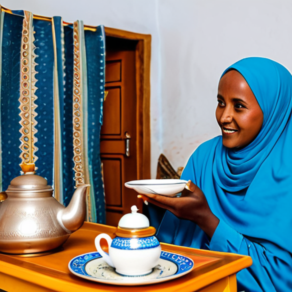 Cozy Guesthouse in Hargeisa**

"A warmly lit interior of a family-run guesthouse in Hargeisa, Somaliland. A fully clothed, friendly local woman is serving tea to a traveler in modest clothing. The scene depicts a welcoming atmosphere with traditional Somaliland decorations. Appropriate attire, safe for work, perfect anatomy, natural proportions, professional photography, high quality, family-friendly."

**