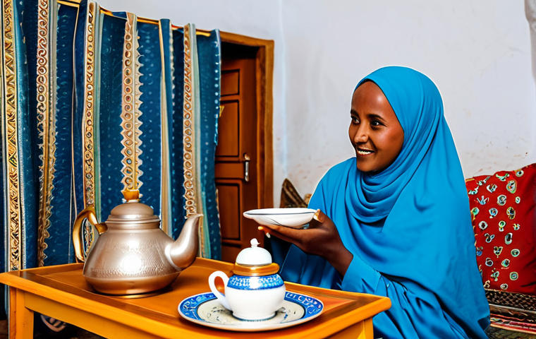 Cozy Guesthouse in Hargeisa**

"A warmly lit interior of a family-run guesthouse in Hargeisa, Somaliland. A fully clothed, friendly local woman is serving tea to a traveler in modest clothing. The scene depicts a welcoming atmosphere with traditional Somaliland decorations. Appropriate attire, safe for work, perfect anatomy, natural proportions, professional photography, high quality, family-friendly."

**