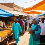 소말릴란드에서의 일자리 구하기 - **Prompt:** A vibrant, bustling outdoor market scene in Hargeisa, Somaliland, showcasing the local e...