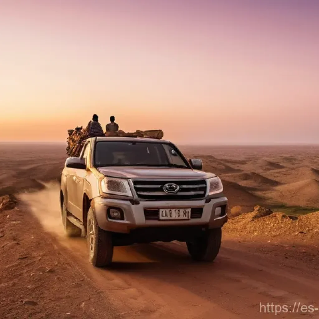소말릴란드의 고대 유적지 - **Prompt 1: "A cinematic, wide-angle shot of a rugged 4x4 vehicle traversing a vast, arid landscape ...