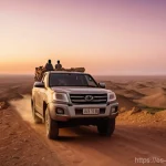 소말릴란드의 고대 유적지 - **Prompt 1: "A cinematic, wide-angle shot of a rugged 4x4 vehicle traversing a vast, arid landscape ...