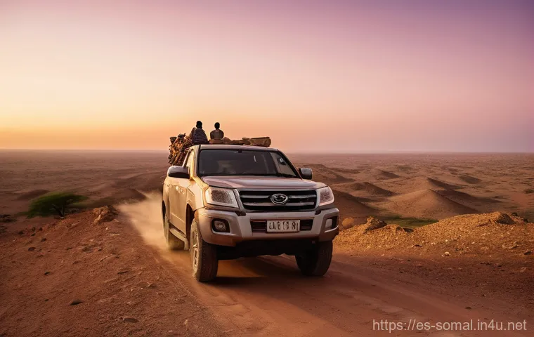 소말릴란드의 고대 유적지 - **Prompt 1: "A cinematic, wide-angle shot of a rugged 4x4 vehicle traversing a vast, arid landscape ...