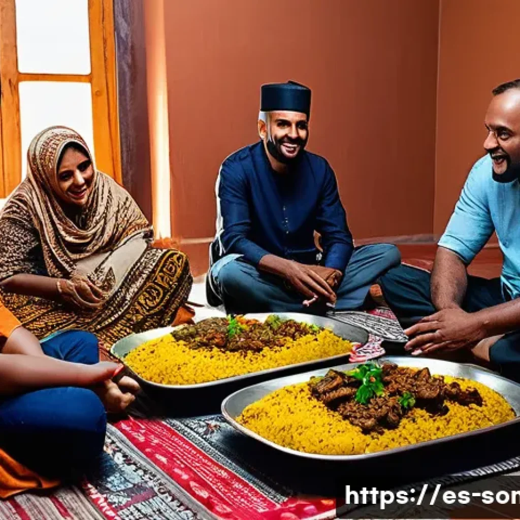 소말릴란드 전통 음식 - A vibrant Somali dining scene featuring a traditional family meal with a large shared platter of Suq...