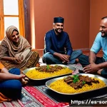 소말릴란드 전통 음식 - A vibrant Somali dining scene featuring a traditional family meal with a large shared platter of Suq...
