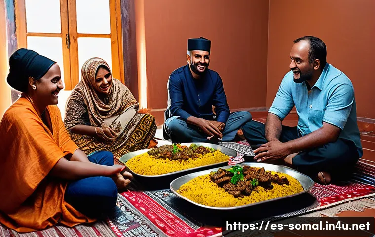 소말릴란드 전통 음식 - A vibrant Somali dining scene featuring a traditional family meal with a large shared platter of Suq...