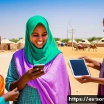 소말릴란드의 주요 통신사 - A vibrant rural Somaliland village scene showing diverse community members using mobile phones and t...