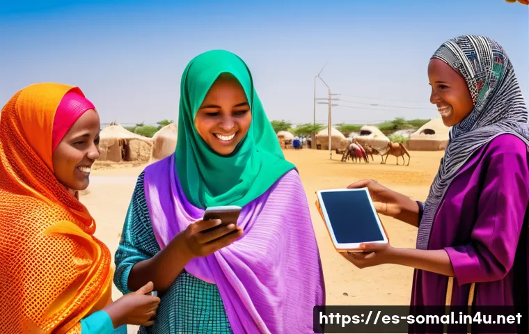 소말릴란드의 주요 통신사 - A vibrant rural Somaliland village scene showing diverse community members using mobile phones and t...