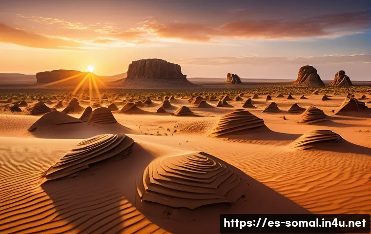 소말릴란드 사막 투어 - A vast Somaliland desert landscape at sunset featuring unique natural rock formations resembling int...