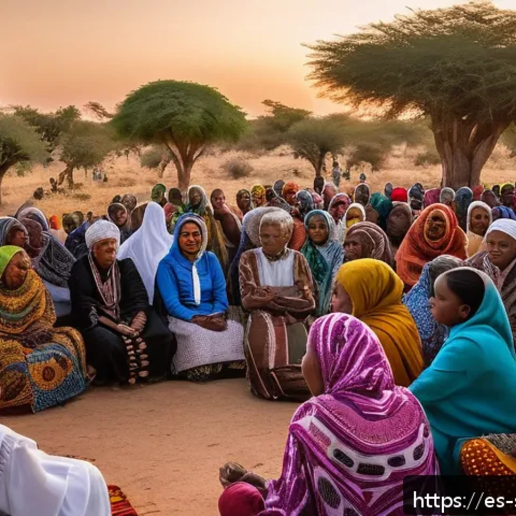 소말릴란드의 소수 민족 - A vibrant community gathering in Somaliland, showcasing an elder storyteller surrounded by attentive...