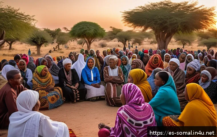 소말릴란드의 소수 민족 - A vibrant community gathering in Somaliland, showcasing an elder storyteller surrounded by attentive...