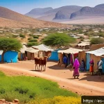 소말릴란드 가이드 투어 예약 - A vibrant scene of a traditional Somaliland village with warmly dressed local nomadic people in colo...