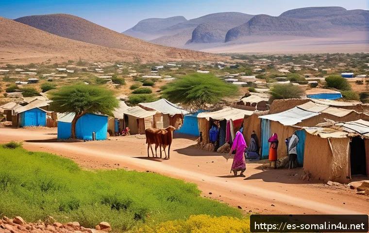 소말릴란드 가이드 투어 예약 - A vibrant scene of a traditional Somaliland village with warmly dressed local nomadic people in colo...