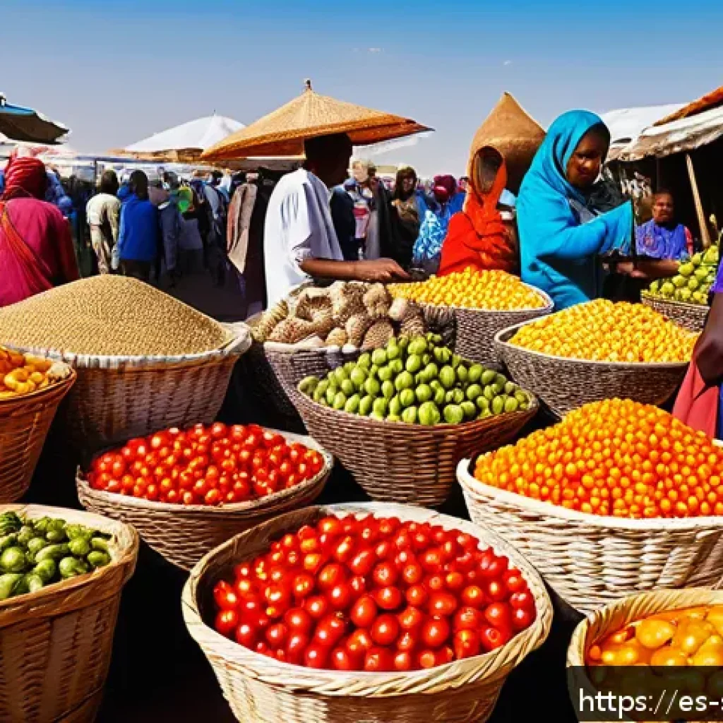 소말릴란드 현지 장터 탐험기 - A vibrant Somaliland market scene bustling with colorful stalls displaying an array of fresh fruits ...