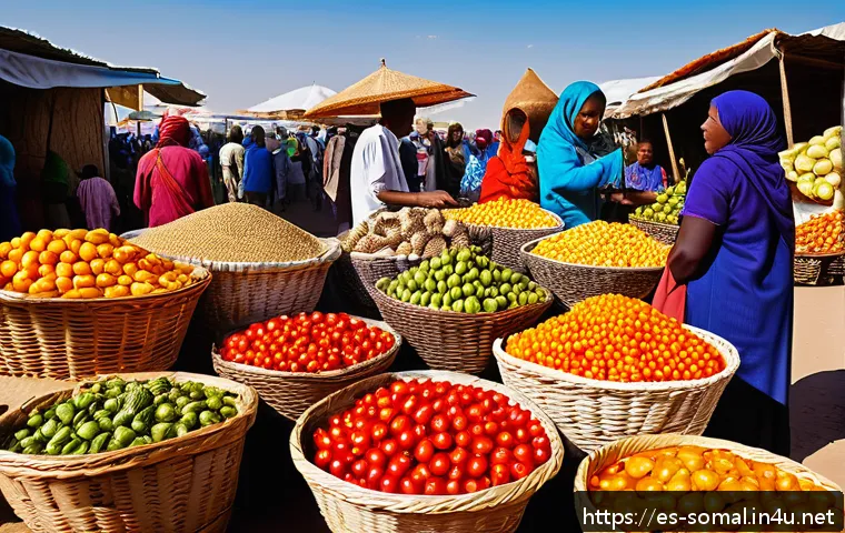 소말릴란드 현지 장터 탐험기 - A vibrant Somaliland market scene bustling with colorful stalls displaying an array of fresh fruits ...