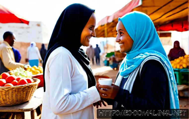 소말릴란드에서 주의해야 할 문화적 금기 - Photorealistic travel etiquette scene in a sunlit Somaliland market, a modestly dressed female visit...